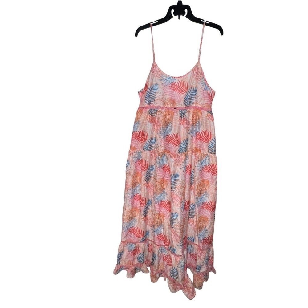 AMERICA AND BEYOND BEACH COVER UP PINK LONG DRESS TROPICAL POM POM WOMEN LARGE‎